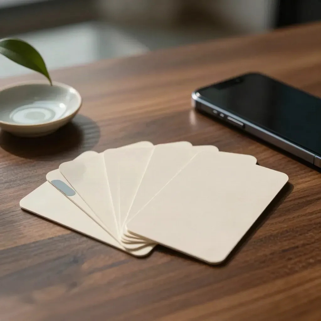Template cards fanned beside a dark phone, keyboard corner, dish and plant on warm wood.