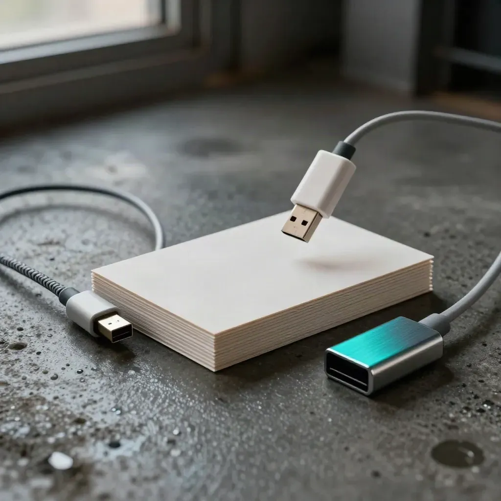 API starter kit items on brushed concrete with adapters, dongle and metal hub after rain.