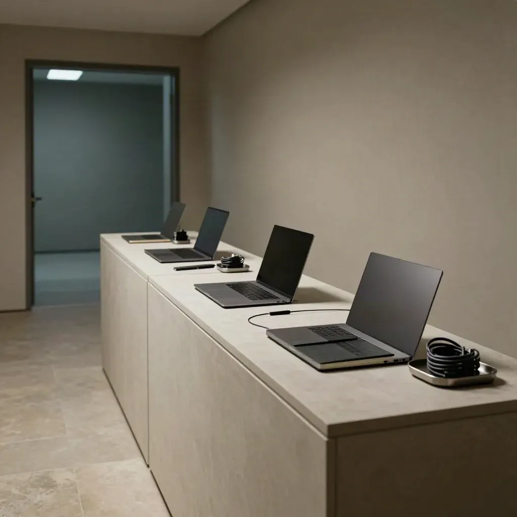 Three onboarding stations on a plaster counter with closed laptops, notebooks and chargers, seen through a doorway.