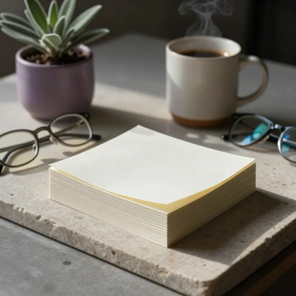 Weekly notes, mug, plant and reading glasses on stone in soft late-day light