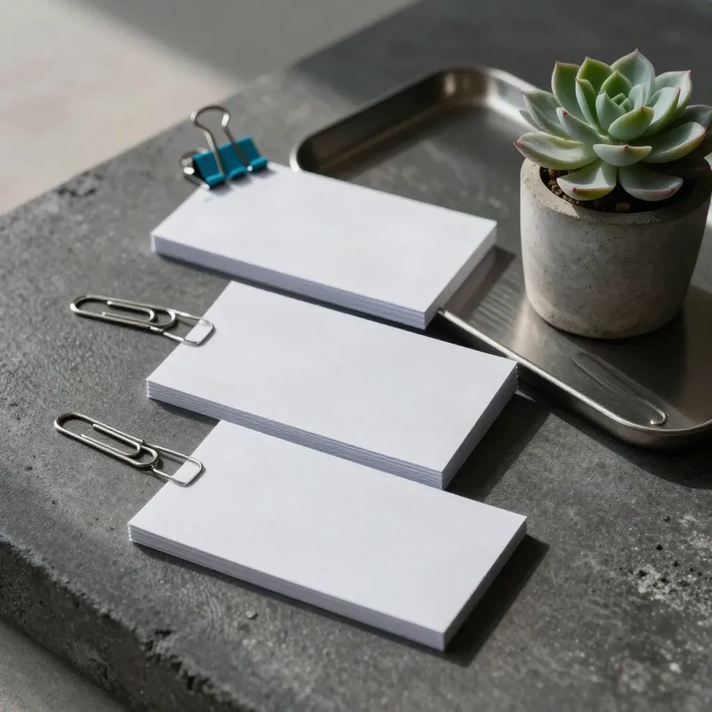 Workflow cards, paper clips, tray and tiny plant on concrete in a clean editorial still life.